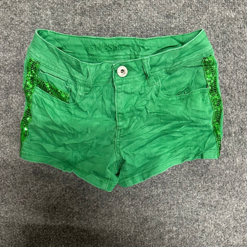 Guess Denim Shorts Girls Size 12 Green Sequin Trim Stretch Casual Summer